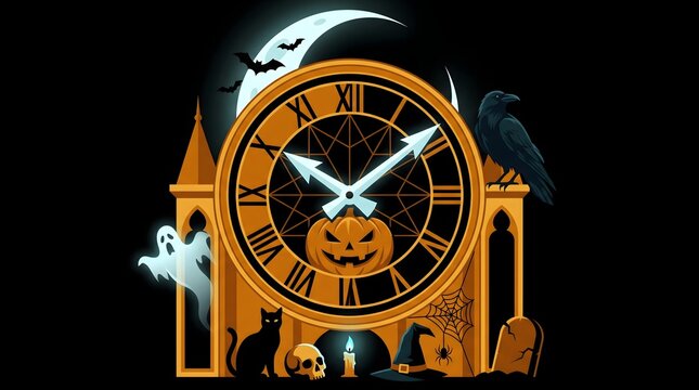 Halloween spooky night scene with carved pumpkin clock tower moon bats and ghosts halloween horrific building architecture gravestone tombstone