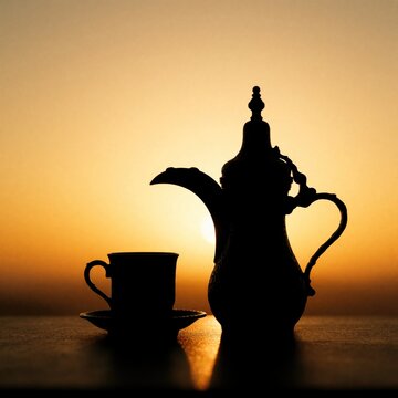 Silhouette of Arabic coffee pot, small cup on table at sunset. Traditional dallah pot stands against golden orange sky in desert. Peaceful evening scene with warm light, shadow during calm golden