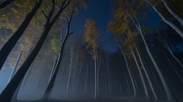 Tall trees standing in a dark foggy forest during the night with moody blue sky and autumn leaves