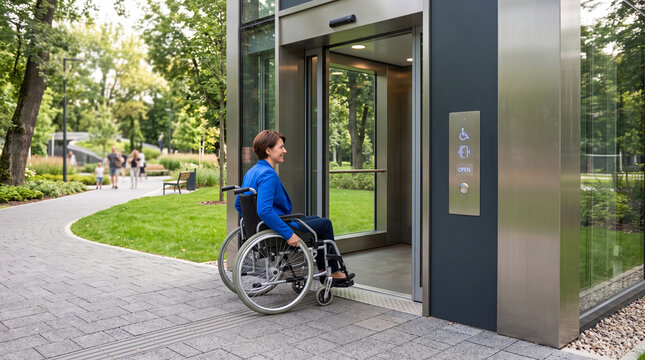 Woman in wheelchair approaching open elevator, symbolizing accessibility and modern infrastructure in a park setting