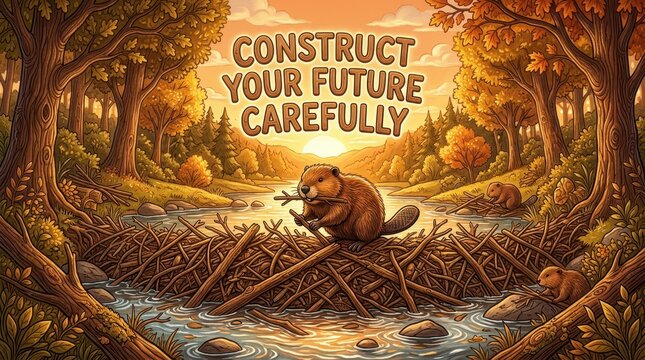 Illustration of beavers building a dam in a forest stream at sunset with text "Construct Your Future Carefully"