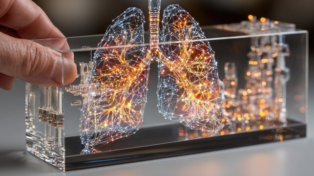 Professional hand placing a biolayer swatch onto a model of a synthetic respiratory system with glowing orange data-lines representing the future of artificial lungs and advanced pulmonary medicine