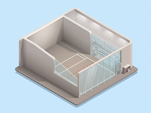 Isometric illustration of a modern indoor squash court