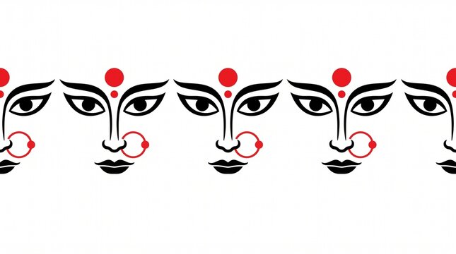 Stylized Goddess Faces Pattern with Bindis and Nose Rings.