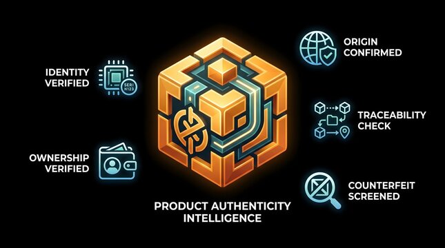 Product authenticity intelligence concept with digital cube and verification icons on dark background authenticity intelligence verification security