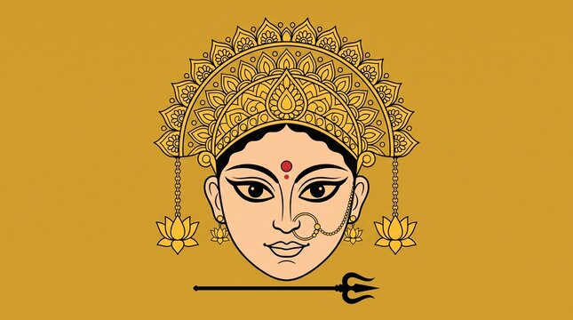 Stylized Hindu Goddess Face with Crown and Trident on Golden Background.