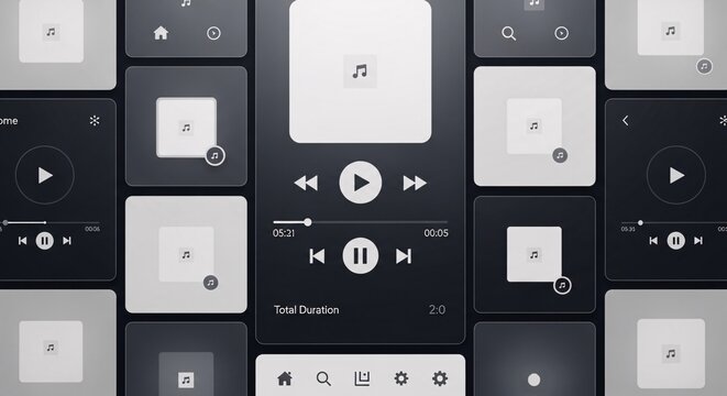 A modern digital music player interface with a grid of interactive tiles and control buttons, showcasing a clean and minimalist design.