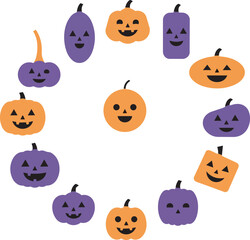 Obraz premium A colorful illustration of purple and orange pumpkins arranged in a circular pattern on a white background.