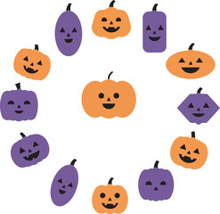 Obraz premium A colorful illustration of various cartoon pumpkins and gourds arranged in a circle on a white background.