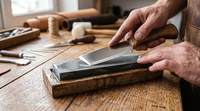 Artisan sharpening a leather skiving knife on a whetstone at a wooden workbench