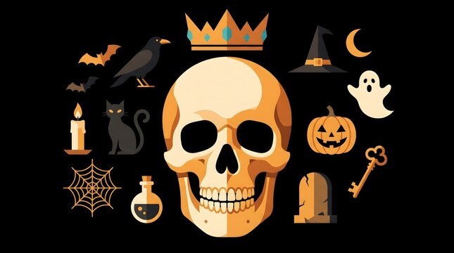 Pixel art halloween background composition featuring a central skull surrounded by spooky icons like a pumpkin witch hat bat black cat halloween tombstone