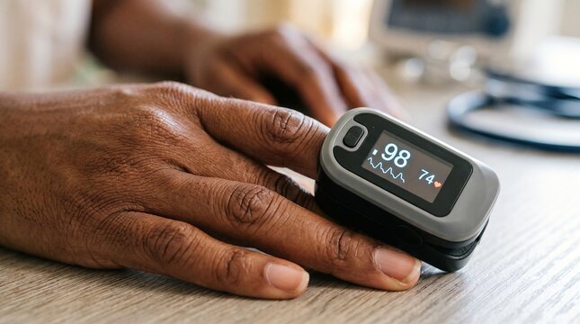 Pulse oximeter on finger measuring blood oxygen levels for diverse patient health monitoring.