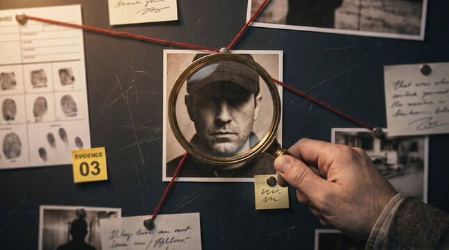 Detective investigating a suspect on an evidence board with fingerprints, photographs and connecting red thread