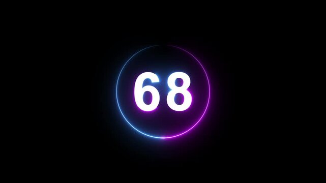 A dynamic circular animation, and glowing count neon number 68 animation . on a black background. and creating a stunning 4k video.