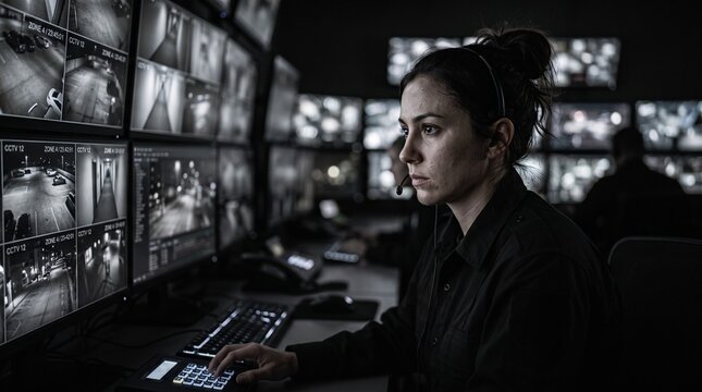 Focused female security officer monitoring multiple CCTV surveillance feeds in a high-tech dark control center facility