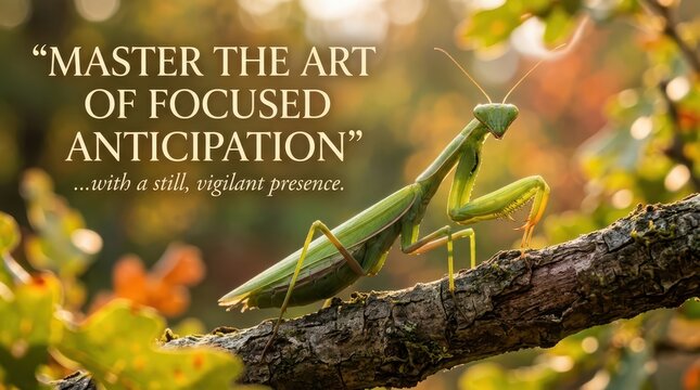 Green praying mantis poised on a tree branch in soft golden hour light, symbolizing focus, anticipation, and vigilance with inspirational text overlay