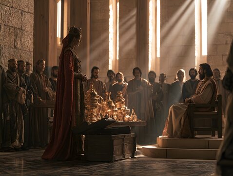 Queen of sheba standing before king solomon in a sunlit ancient throne room