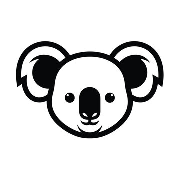 Simple black and white vector illustration of a cute koala head, featuring its distinctive ears, nose, and friendly expression, isolated on a white background.