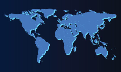 Fototapeta premium 3D world map with blue continents and raised edges on a dark blue background