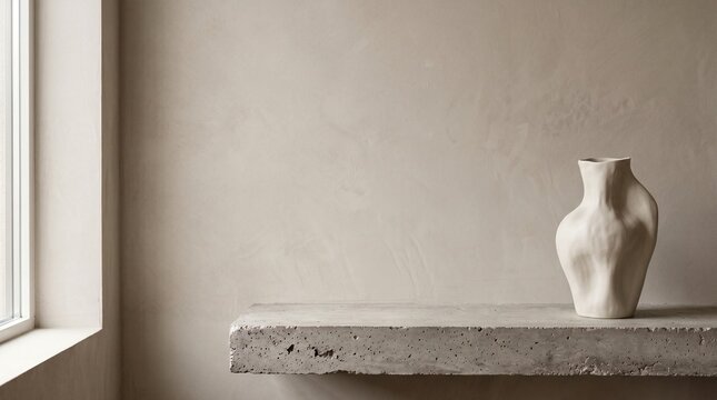 Minimalist sculptural ceramic vase on a concrete shelf in a modern interior home setting