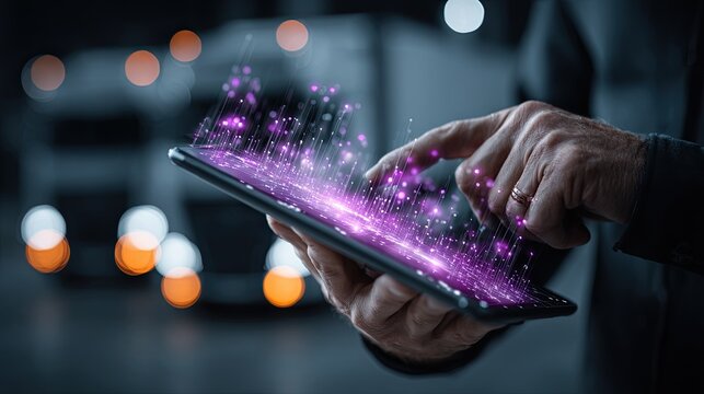 Professional logistics manager holding a flexible tablet-fabric with glowing violet data streams representing real-time carbon footprint tracking 