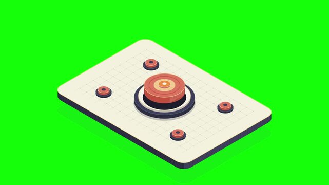 Isometric 3d animation of interactive interface control panel with glowing red buttons on green screen background