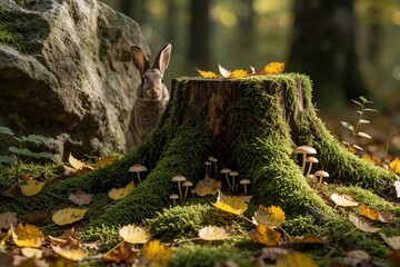 Naklejka premium Wild rabbit peeks from behind mossy stump in autumn forest. Small mushrooms and fallen yellow leaves surround forest floor. Sunlight filters through trees creating soft natural light.