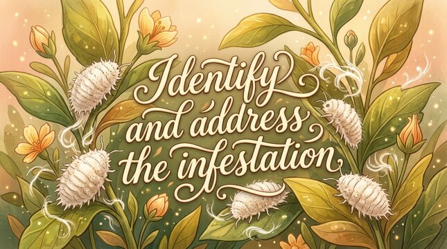 Illustration of harmful mealybugs on plant leaves, with text 'Identify and address the infestation'