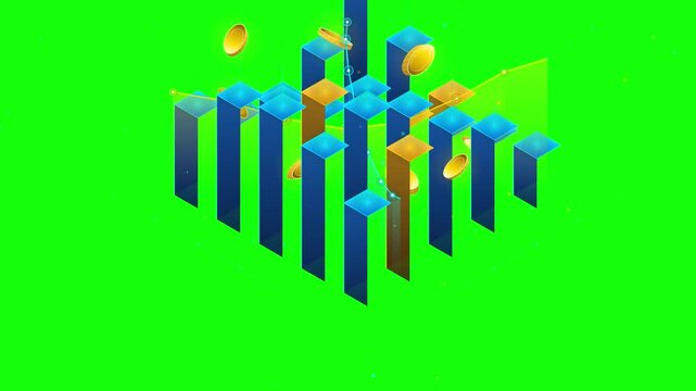 Isometric 3D Bar Graph Showing Financial Growth with Floating Gold Coins