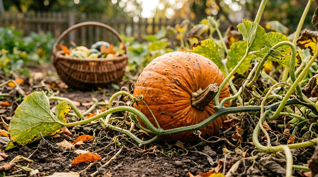 Close up of a large orange pumpkin growing on a vine in a garden patch. Autumn harvest scene with a basket of gourds in the background