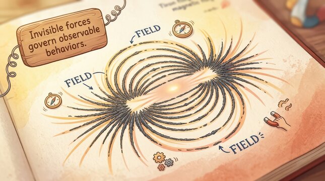 Illustration of magnetic field lines around two poles demonstrating invisible forces governing observable behaviors, science education concept.