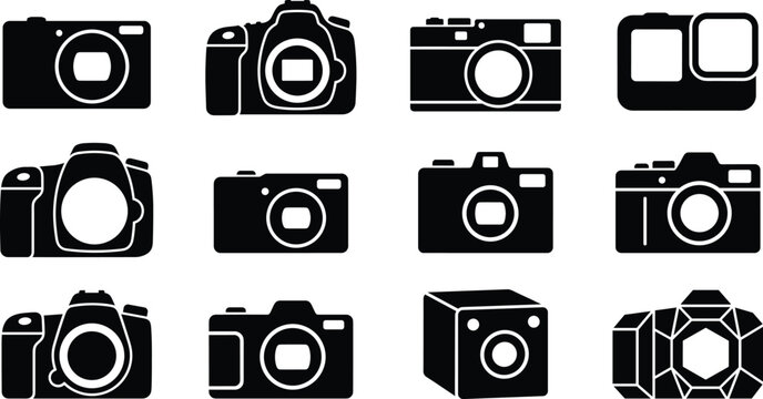 Camera icon collection featuring modern digital and vintage photography equipment silhouettes isolated on white background