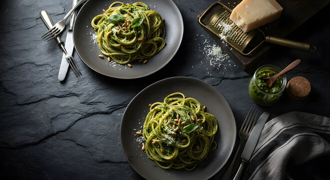 A top-down view of two plates of spaghetti with pesto sauce on a slate surface