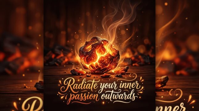 Glowing hot coal ignites with vibrant flames and smoke, symbolizing passion and inner fire, motivational concept.