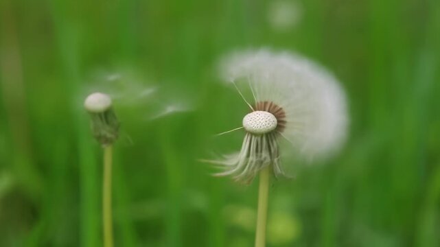 Dandelion clock seeds dispersing in gentle breeze against soft green background with shallow depth of field