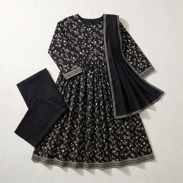 Elegant black frock dress with intricate ivory floral print, paired with solid trousers and matching dupatta