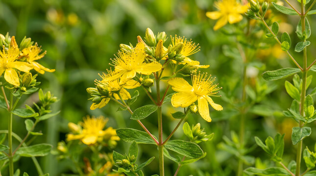 Macro shot of St. John's wort flowers and buds. Detailed view of yellow medicinal herb blossoms