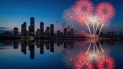 Naklejka premium City skyline with glowing skyscrapers reflected in calm water. Colorful fireworks explode brightly in dark blue twilight sky. Urban celebration with bright light bursts and pyrotechnics.