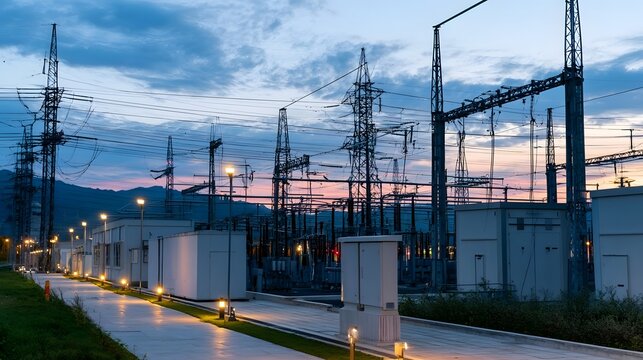 Modern electrical substation at dusk with illuminated pathways  towering transmission lines  and industrial equipment under a cloudy sky