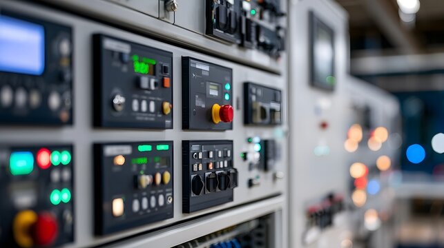Control panel with illuminated buttons and digital displays in an industrial setting  showcasing ope nal hinery and technical interfaces