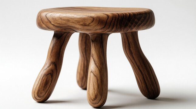 Single minimalist wooden stool with three curved legs sits on white surface. Unique organic shape furniture piece, crafted from natural wood with visible grain.