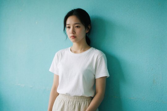 Young woman stands pensively against bright blue wall. Her neutral expression conveys complex feelings, perhaps a mix of sadness and hope. Casual attire suggests everyday life or a personal moment.