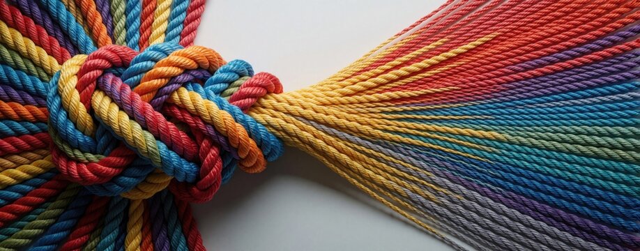 Colorful tangled knot of ropes unravels into straight strands. Symbolizes moving from complex problems to simple solutions and organized progress from chaos.