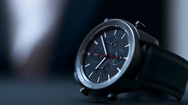 Close up of a sleek black smartwatch with chronograph dials and red accent hands on a dark surface