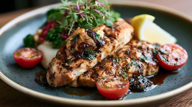 Grilled chicken breast with herb sauce  cherry tomatoes  lemon wedge  and microgreens on a dark plate