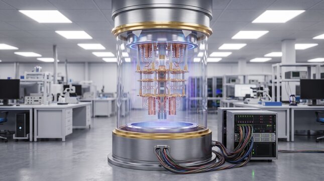 Futuristic quantum computing processor inside an advanced laboratory for next generation computing