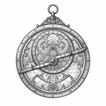 Detailed vintage engraving of an ancient astrolabe astronomical navigation instrument, digital art