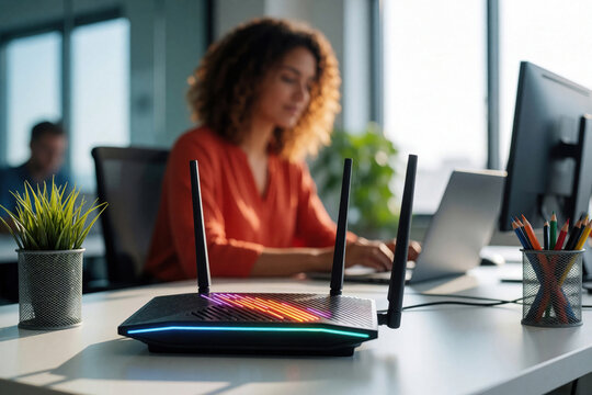 Modern wireless router with glowing lights sits on white office desk. Blurred woman works on laptop in bright workspace. High speed internet device provides wifi connection for pro business tasks,