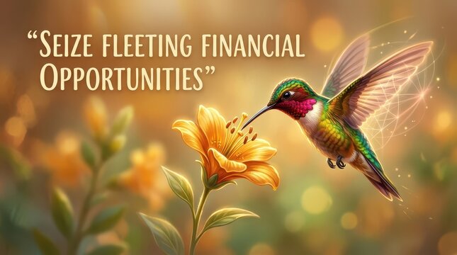 Hummingbird feeding on a vibrant orange flower, with glowing light effects and the inspirational quote 'Seize Fleeting Financial Opportunities'