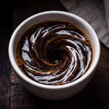 Swirl of coffee in a white cup, close up, top view